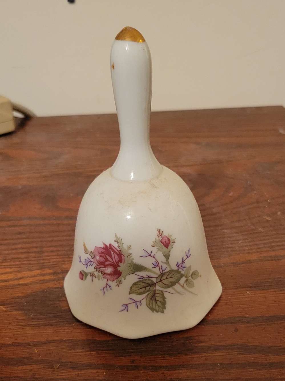 Vintage Floral Porcelain Hand Bell - White with Pink Rose Accent